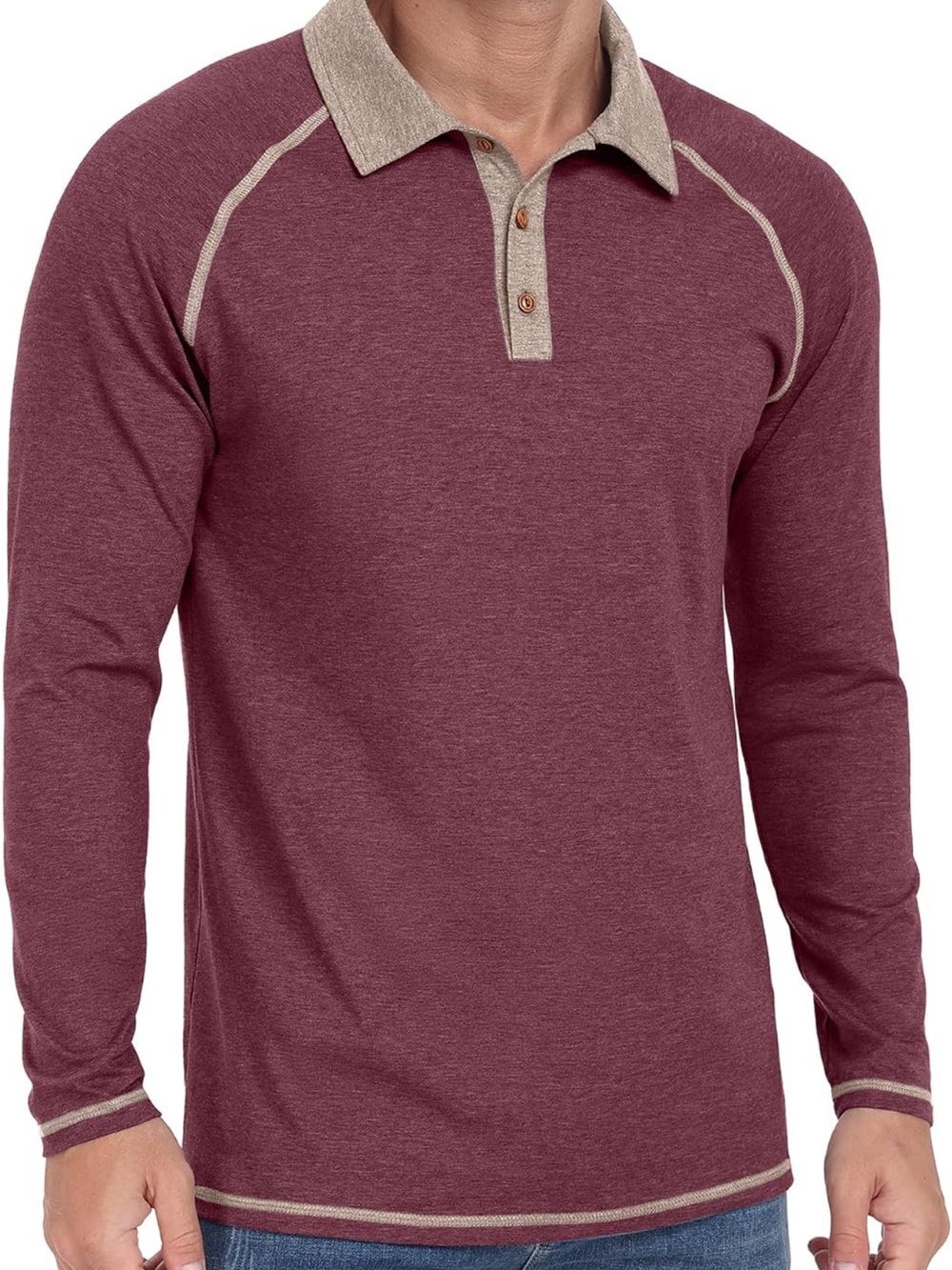 Amazon Men's Long-Sleeve Polo in Burgundy with Tan Contrast Collar